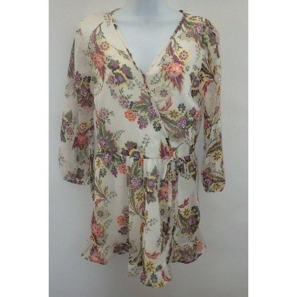 Band‎ Of Gypsies Floral Top Women S Sheer Boho Ruffle hem Cross front Tie b30 - Picture 1 of 6